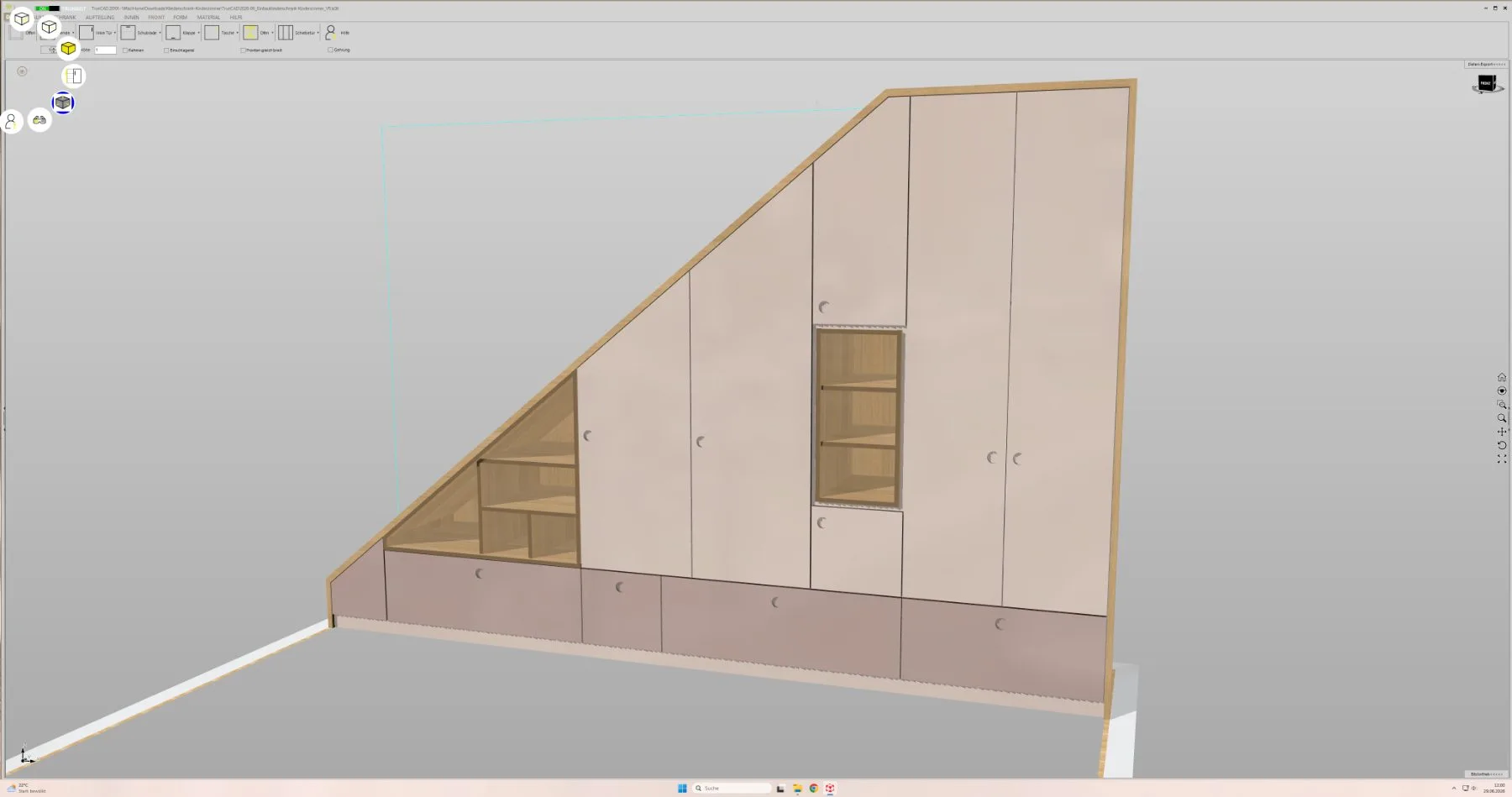 CAD-Zeichnung eines Schranks unter einer Dachschräge mit Fächern und Türen