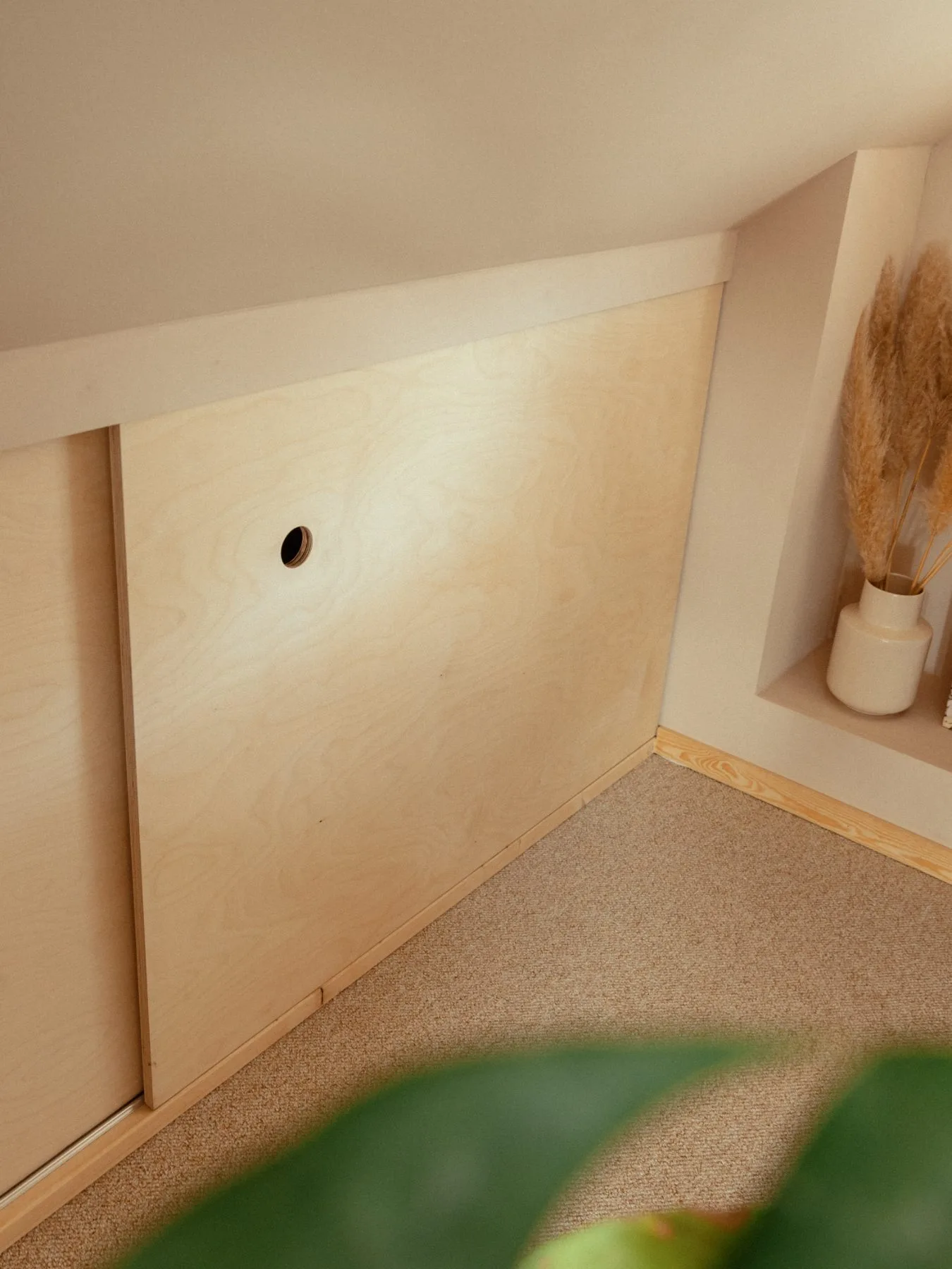 Seitlicher Blick auf den Drempelschrank mit Pflanze im Vordergrund