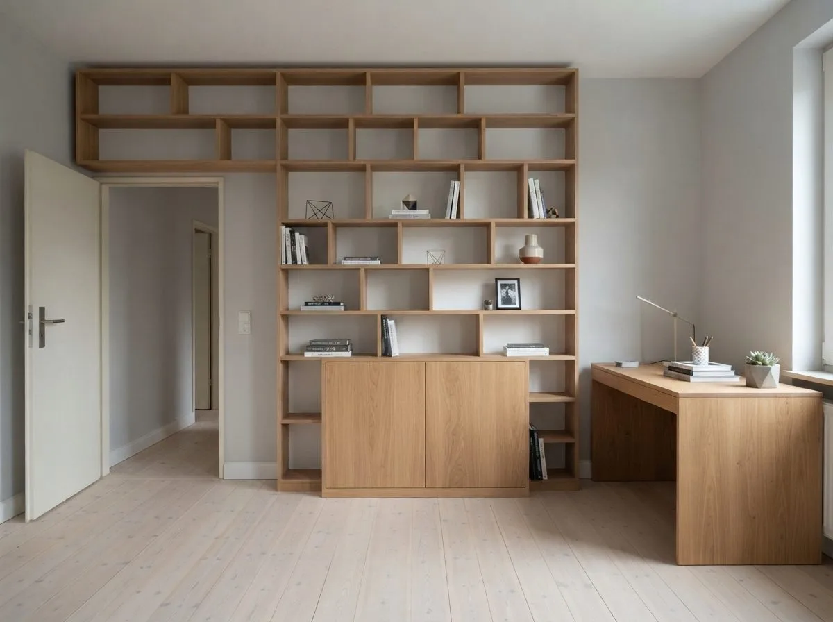 Visualisierung einer Regalwand aus Eichenfurnier in einem Arbeitszimmer (KI-generiert)